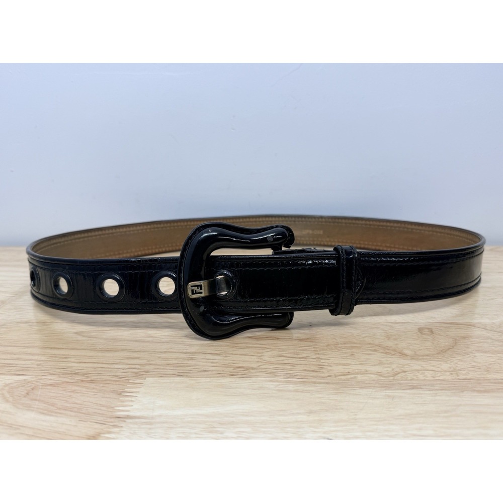 Fendi Black Patent Leather Grommet Belt FF Buckle Size 95/38 Made Italy #52